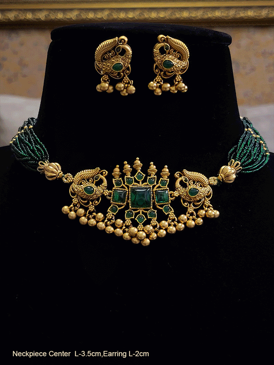 Green stones in peacock design set with multiple side green strings - Odara Jewellery