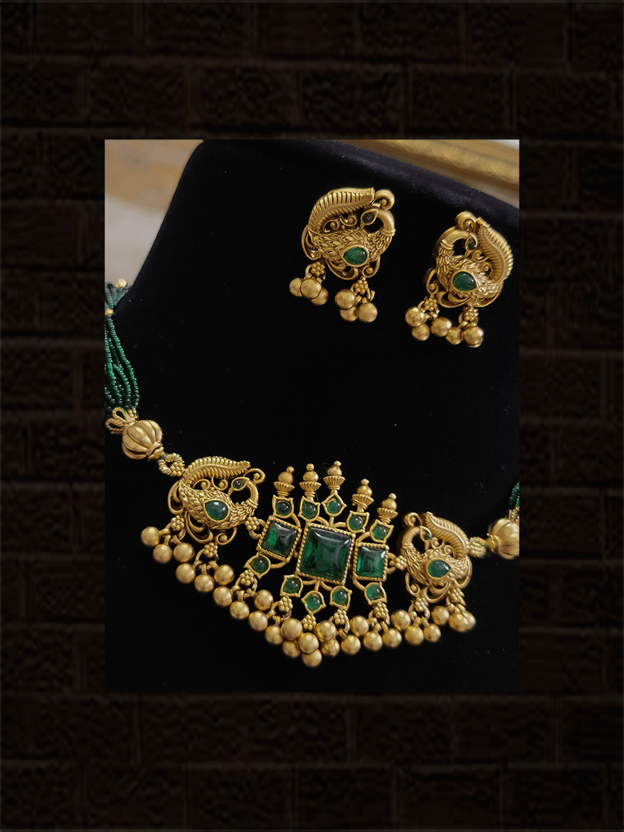 Green stones in peacock design set with multiple side green strings - Odara Jewellery