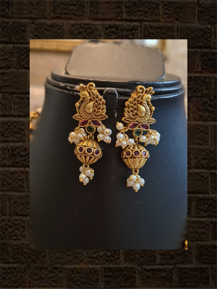 Radha krishna ruby and green stones medium length set with peacock design earrings - Odara Jewellery
