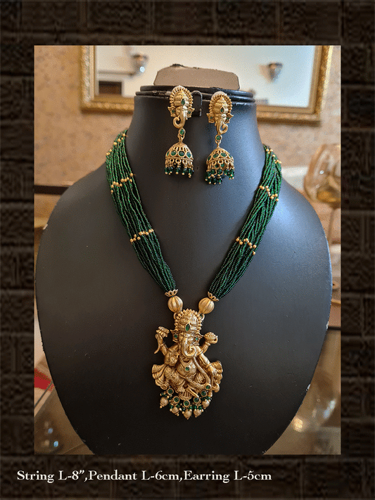 Multiple green strings ganpatiji pendant set with ganpatiji top jhoomki - Odara Jewellery