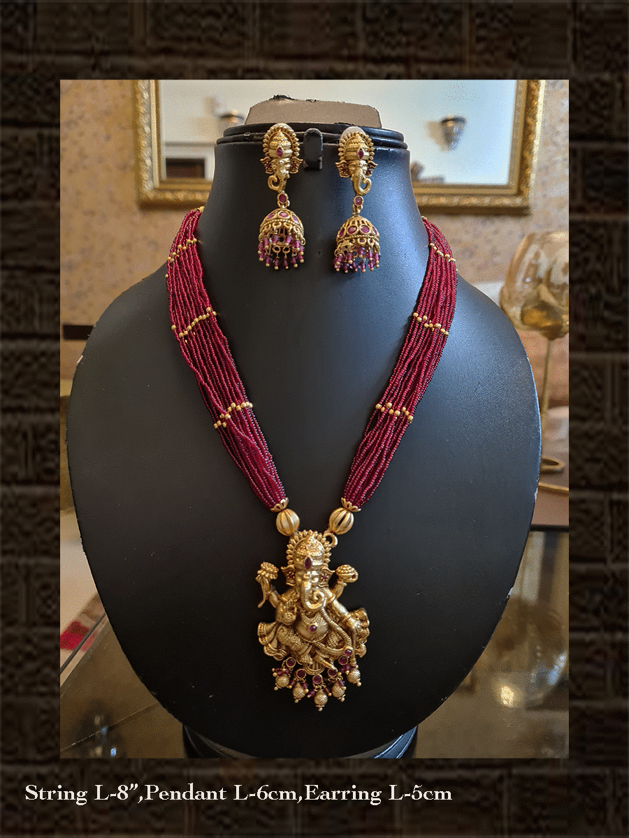 Multiple ruby strings ganpatiji pendant set with ganpatiji top jhoomki - Odara Jewellery