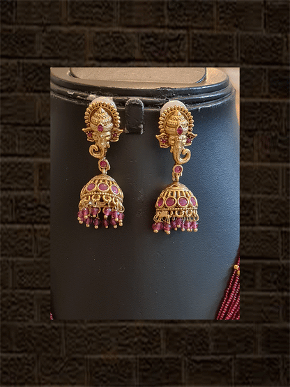 Multiple ruby strings ganpatiji pendant set with ganpatiji top jhoomki - Odara Jewellery