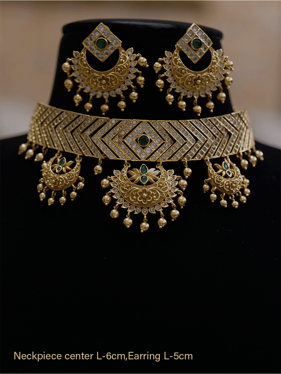 Polki and stones studded classy choker set with chandbali design earrings - Odara Jewellery
