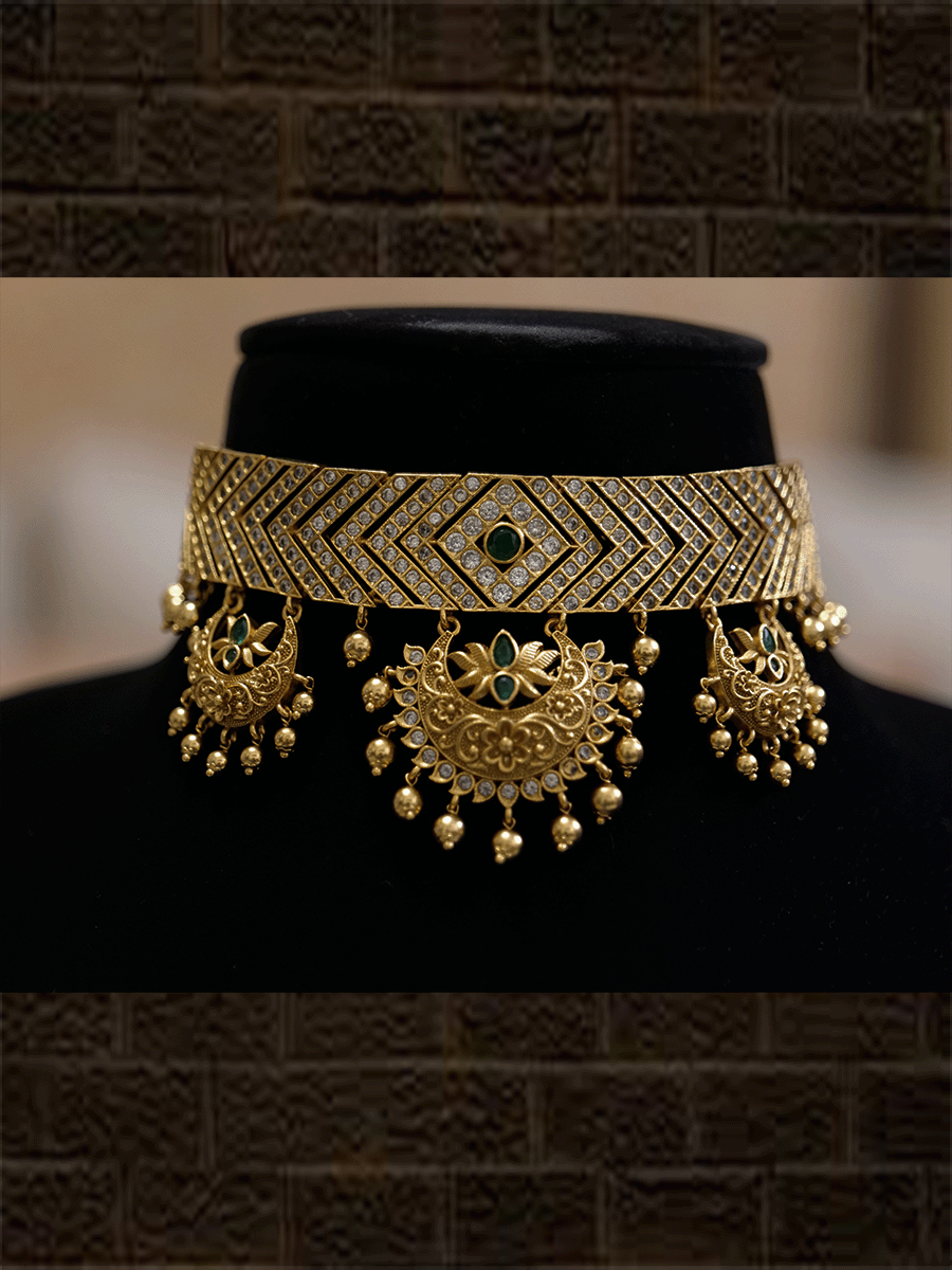 Polki and stones studded classy choker set with chandbali design earrings - Odara Jewellery