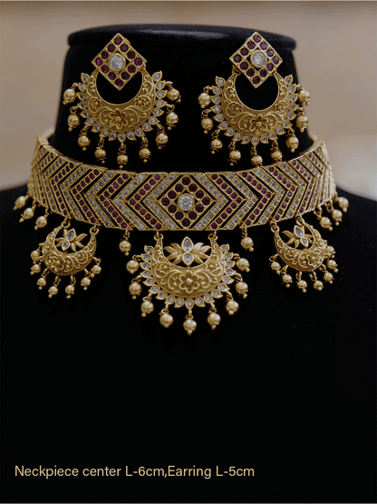 Polki and stones studded classy choker set with chandbali design earrings - Odara Jewellery
