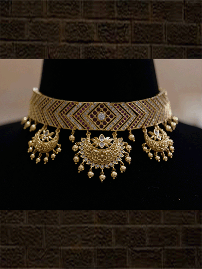 Polki and stones studded classy choker set with chandbali design earrings - Odara Jewellery