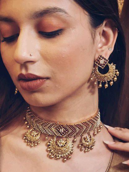 Polki and stones studded classy choker set with chandbali design earrings - Odara Jewellery