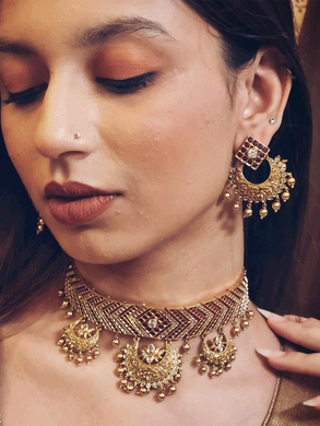Polki and stones studded classy choker set with chandbali design earrings - Odara Jewellery