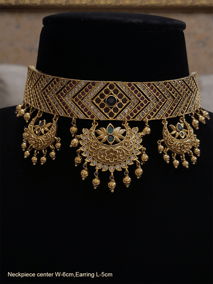 Polki and stones studded classy choker set with chandbali design earrings - Odara Jewellery