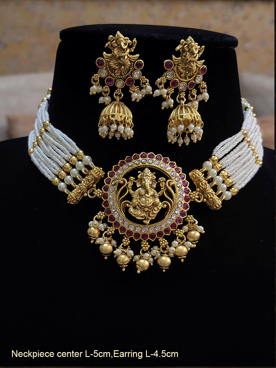 Ganpatiji motif in circular center with stone studded set with white beads side strings - Odara Jewellery