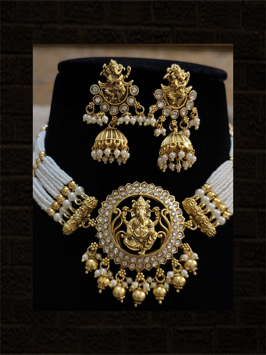 Ganpatiji motif in circular center with stone studded set with white beads side strings - Odara Jewellery