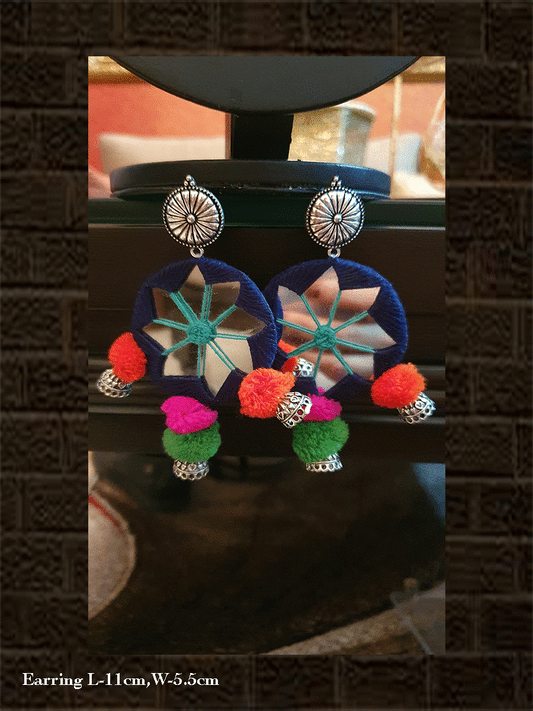 Royal blue thread and mirror work circular long with GS jhoomki earring and multicoloured pompom - Odara Jewellery