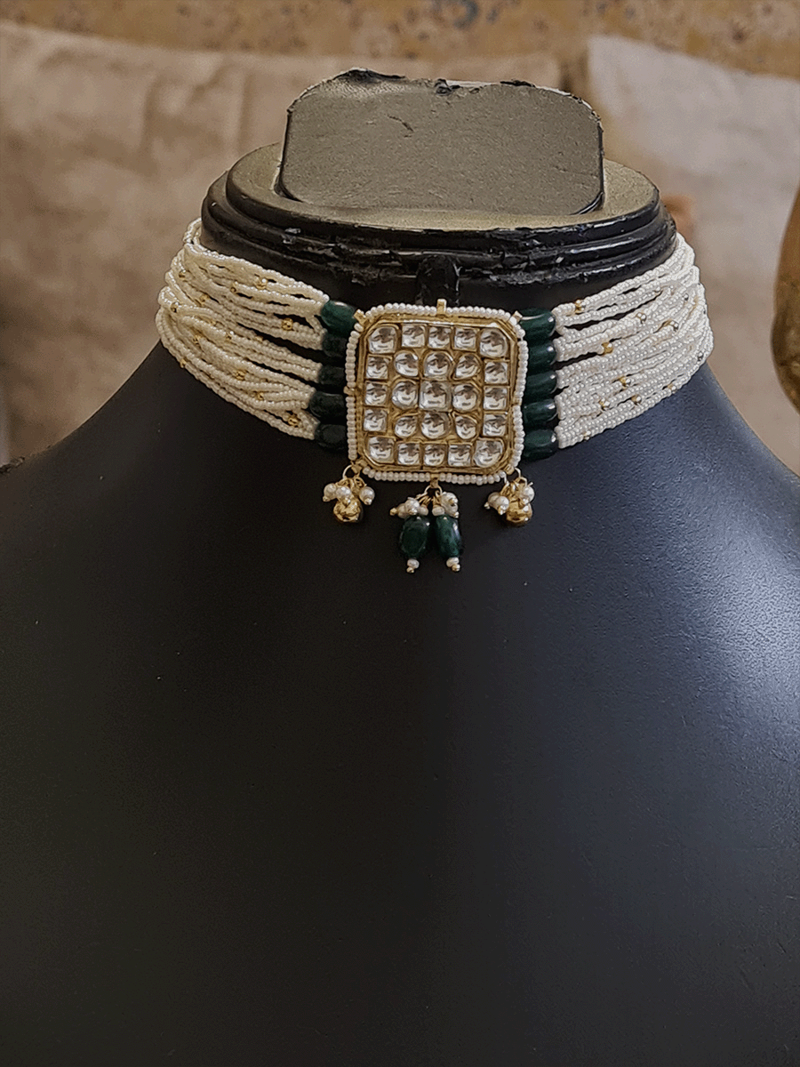 Pacchi Kundan square tukdi center neckpiece with coloured drops - Odara Jewellery