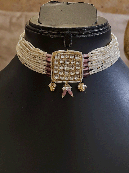 Pacchi Kundan square tukdi center neckpiece with coloured drops - Odara Jewellery