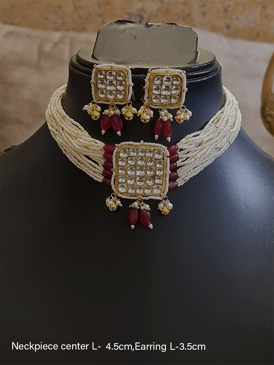 Pacchi Kundan square tukdi center neckpiece with coloured drops - Odara Jewellery