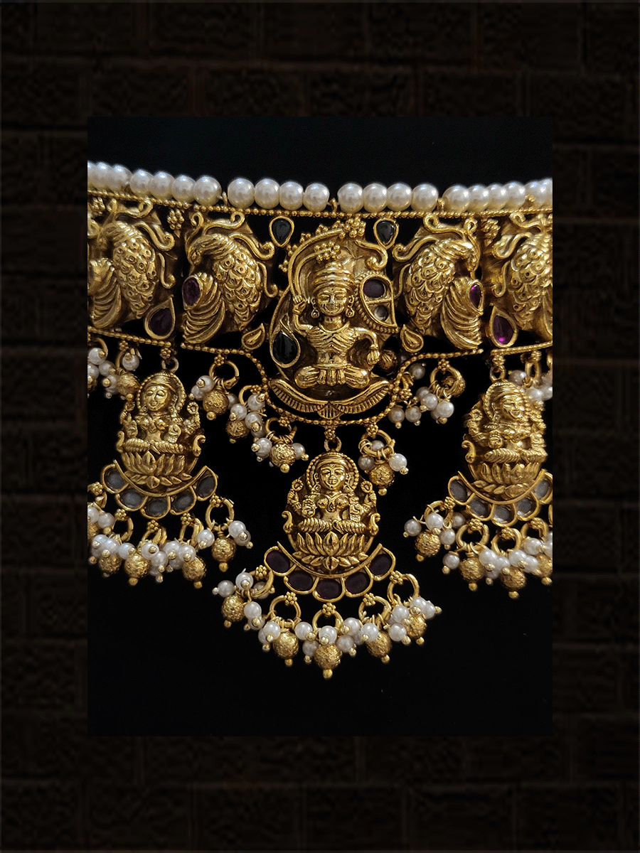 Five laxmiji hanging tukdies pearl pirohi ruby, green ,kundan stones choker set - Odara Jewellery