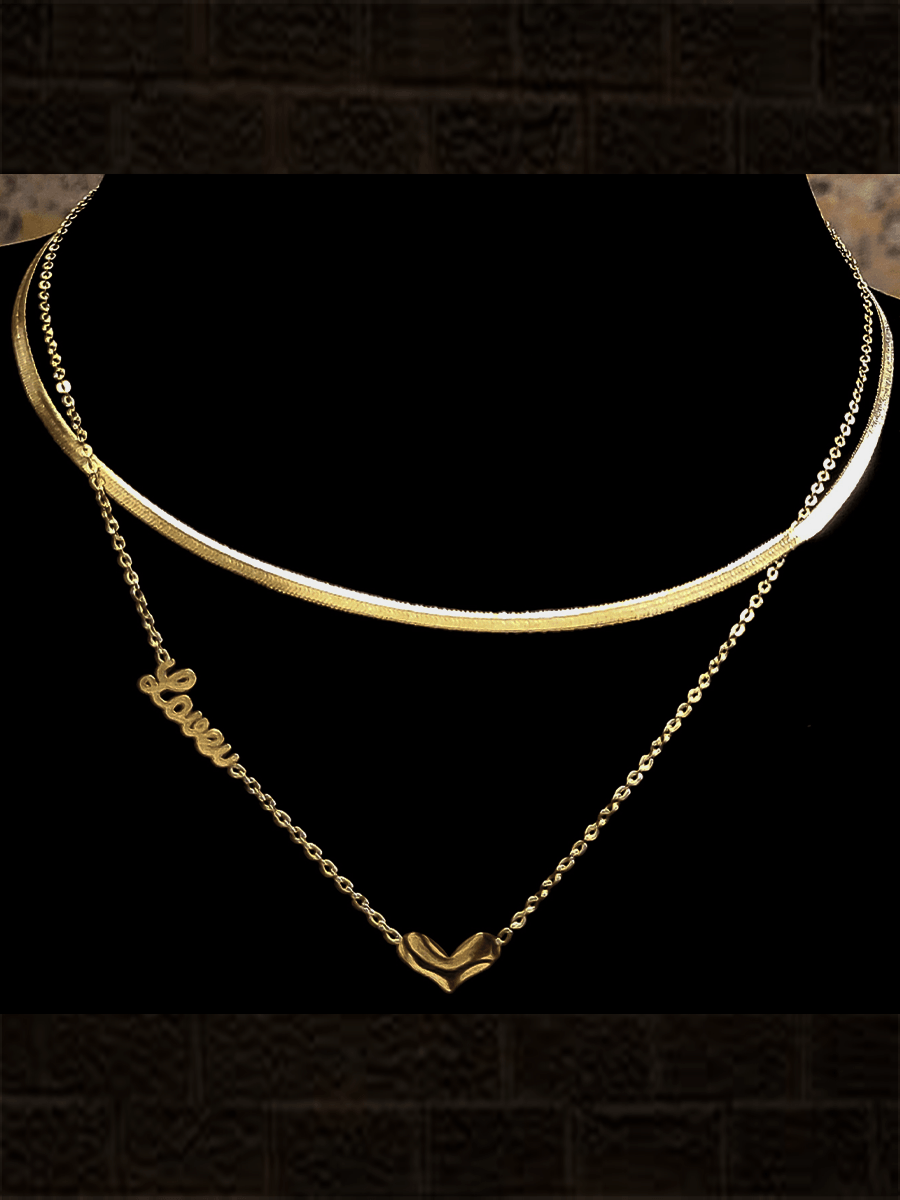 Double gold finish chain with LOVE and Heart in one chain - Odara Jewellery