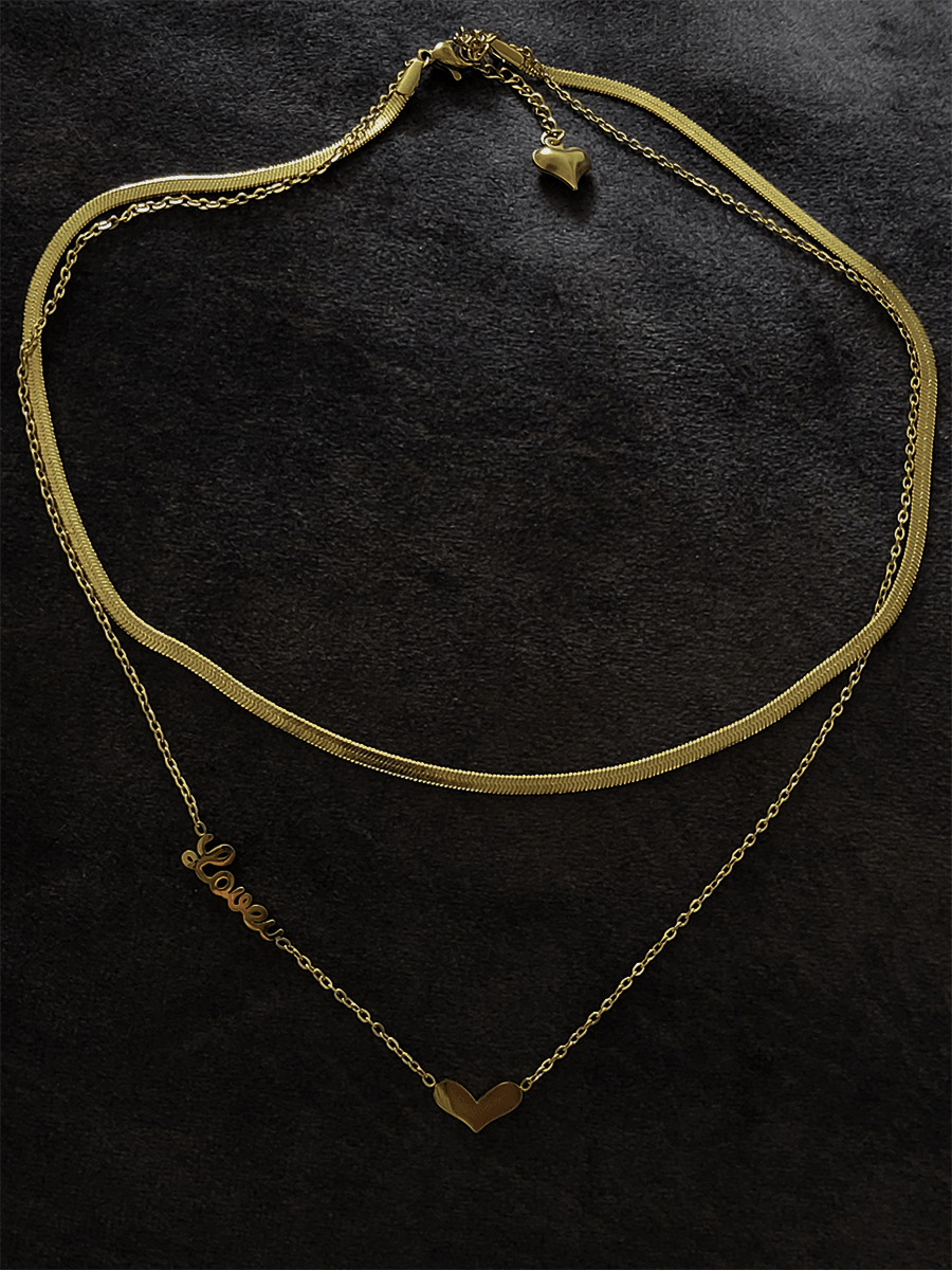 Double gold finish chain with LOVE and Heart in one chain - Odara Jewellery
