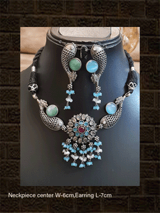 German silver stones studded fish design set with black thread dori - Odara Jewellery
