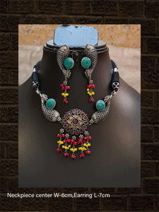 German silver stones studded fish design set with black thread dori - Odara Jewellery