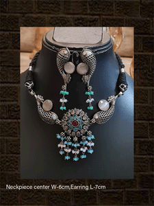 German silver stones studded fish design set with black thread dori - Odara Jewellery