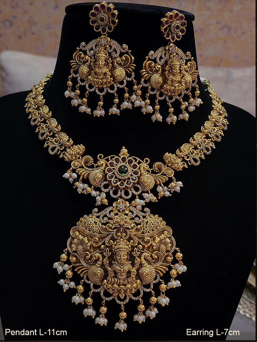 Laxmiji with side peacock pendant with peacock and zircon side string - Odara Jewellery