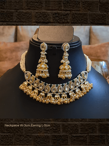 Side cheed strings hexagonal stone and kundan studded set with ghunghru cluster hangings - Odara Jewellery