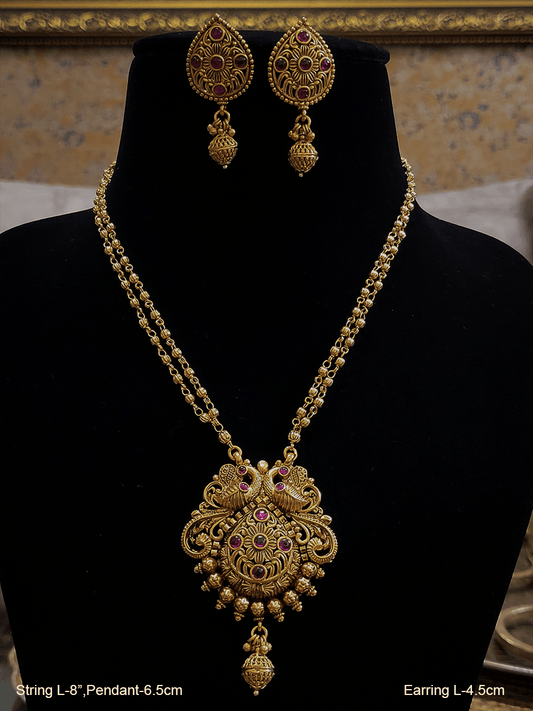 Ruby stone studded peacock design pendant set in double gold bead chain - Odara Jewellery