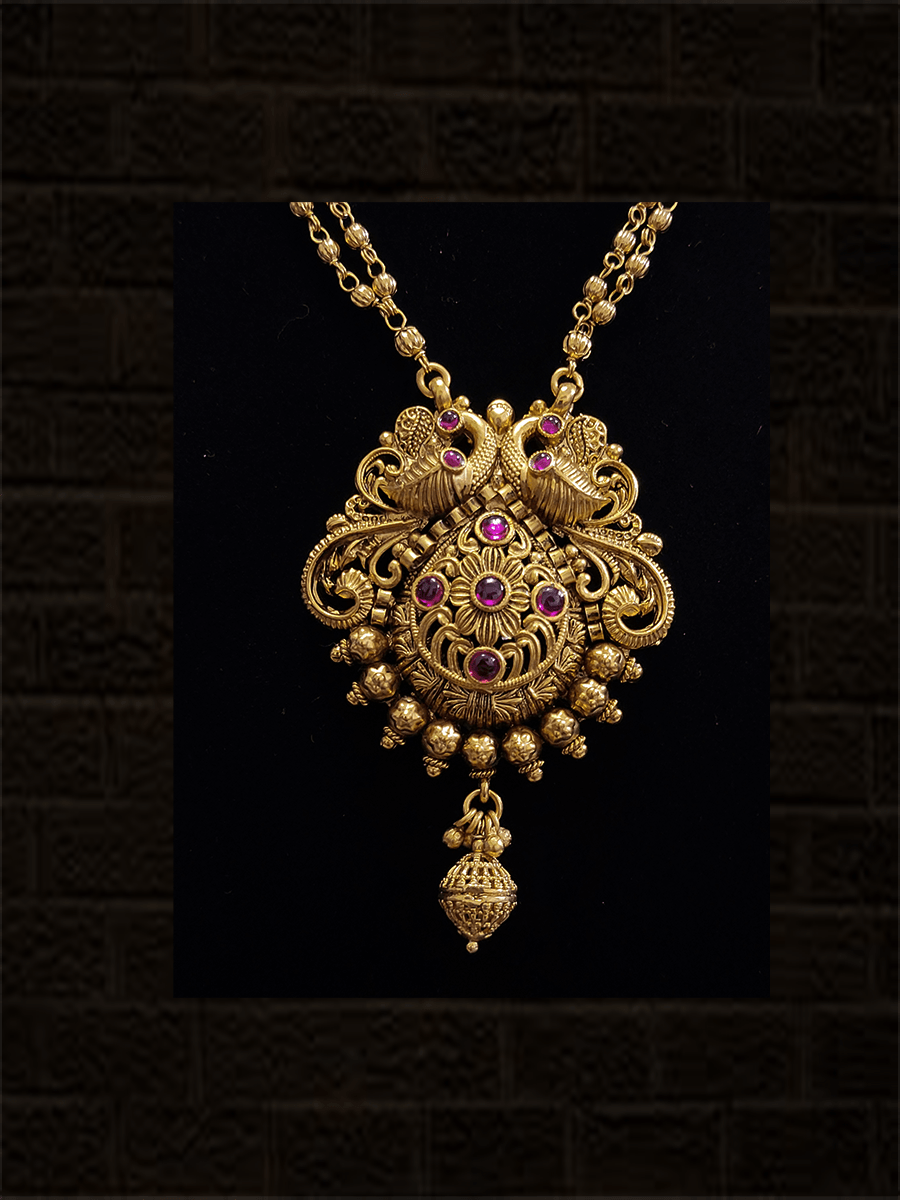 Ruby stone studded peacock design pendant set in double gold bead chain - Odara Jewellery