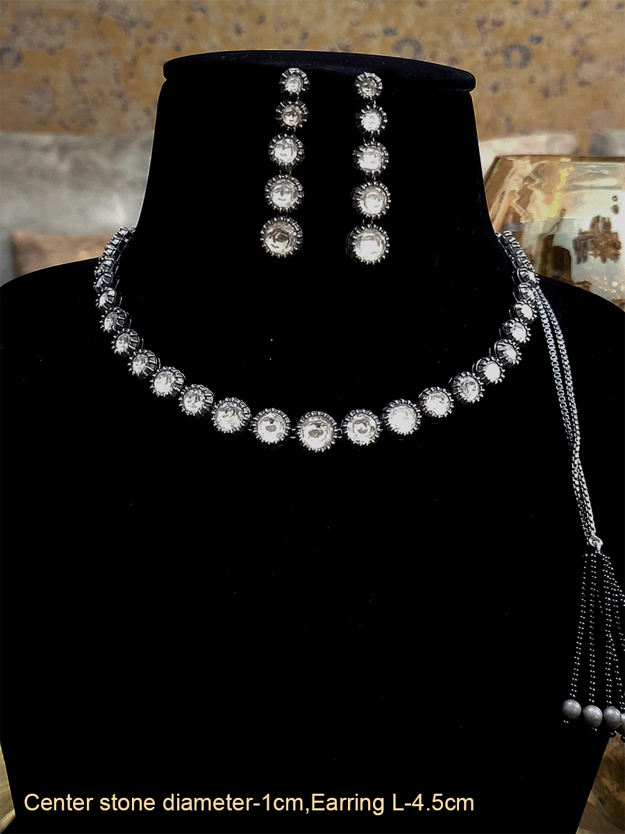 Black finish white stones single string with chain dori - Odara Jewellery