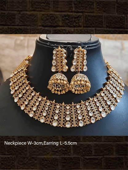Tear drop shaped kundans on gold mesh design set - Odara Jewellery