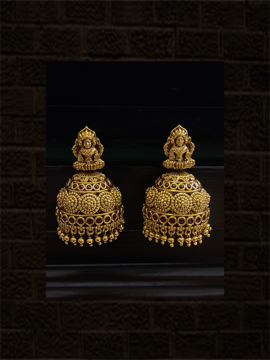 Laxmiji on wavy design choker set with ruby stones and gold bead drops - Odara Jewellery