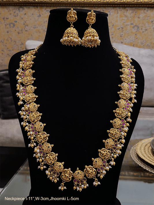 Laxmiji motif's ruby and green stone studded long set with gold plating - Odara Jewellery
