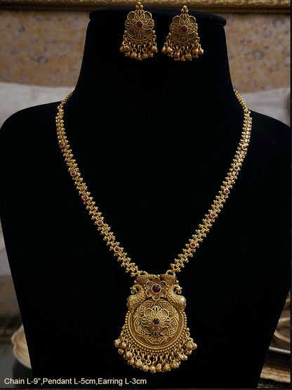 Ruby stone studded pendant set with self flower and peacock design with ghunghru hangings - Odara Jewellery