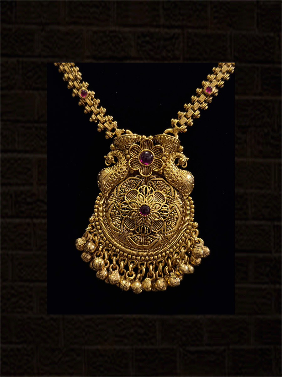 Ruby stone studded pendant set with self flower and peacock design with ghunghru hangings - Odara Jewellery