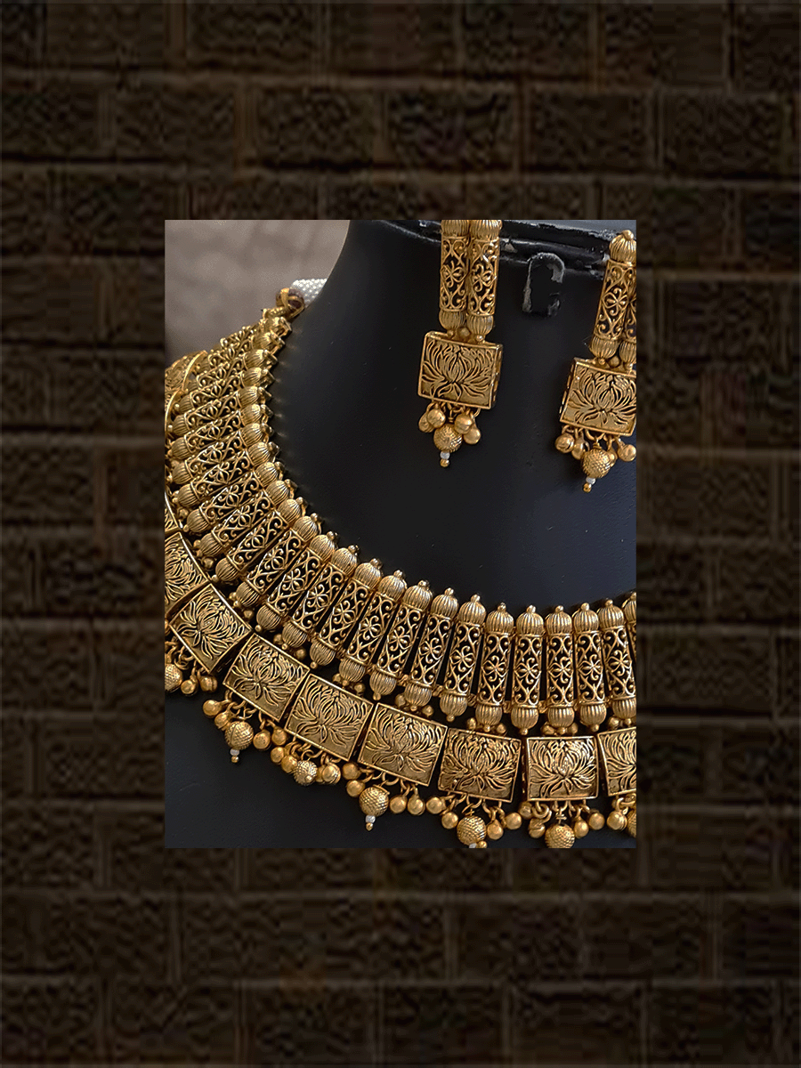 Broad gold finish self design intricate design rectangular tukdies set with hanging gold beads - Odara Jewellery