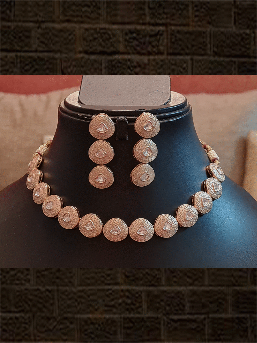 Pink enamel self gold design single line kundan set - Odara Jewellery
