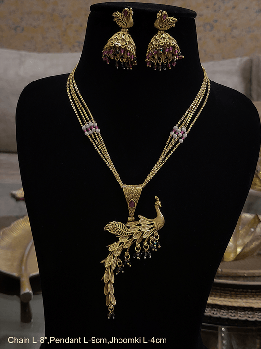 Peacock design pendant set in multiple gold chain with jhoomkies - Odara Jewellery