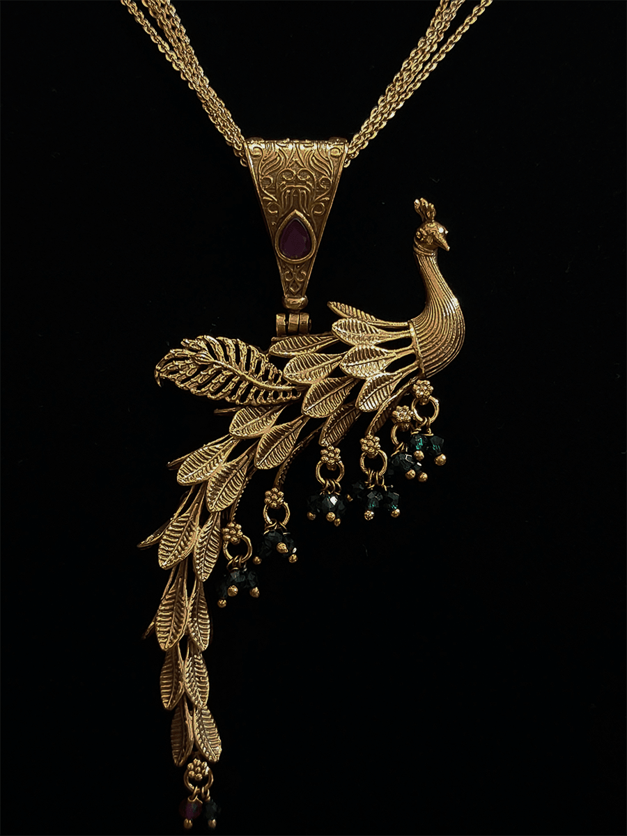 Peacock design pendant set in multiple gold chain with jhoomkies - Odara Jewellery