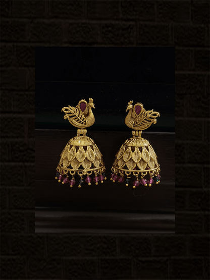 Peacock design pendant set in multiple gold chain with jhoomkies - Odara Jewellery