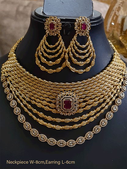 Broad four layer polki and AD studded set with rectangular stone tukdi in the center - Odara Jewellery