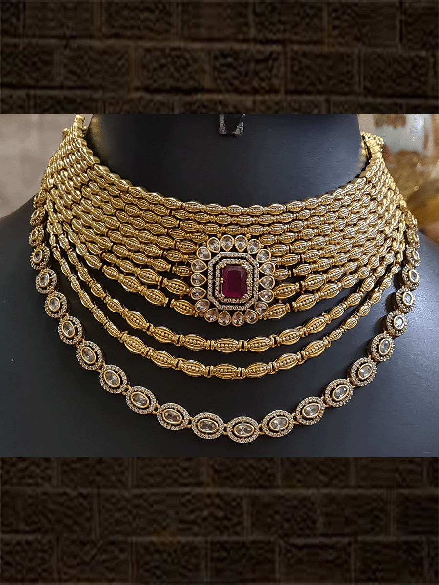 Broad four layer polki and AD studded set with rectangular stone tukdi in the center - Odara Jewellery