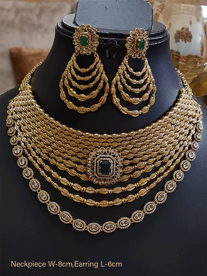 Broad four layer polki and AD studded set with rectangular stone tukdi in the center - Odara Jewellery