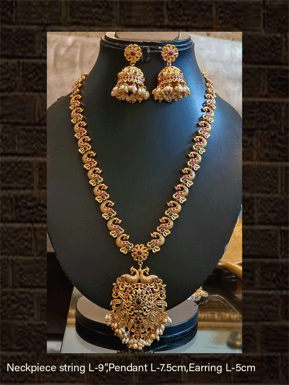 Long ruby and green stones peacock design string with peacock design pendant guttapusalu - Odara Jewellery