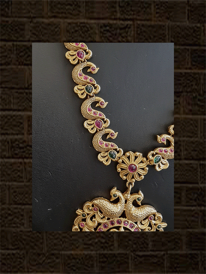 Long ruby and green stones peacock design string with peacock design pendant guttapusalu - Odara Jewellery