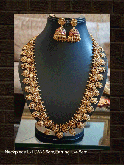 Long gold plated ruby and green stones set with laxmiji motif tukdies and circular tukdies - Odara Jewellery