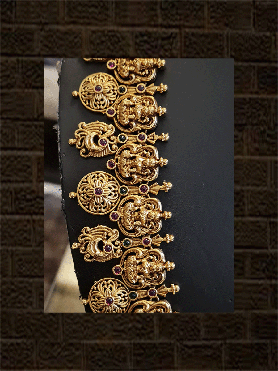 Long gold plated ruby and green stones set with laxmiji motif tukdies and circular tukdies - Odara Jewellery