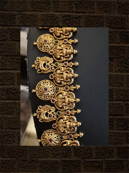 Long gold plated ruby and green stones set with laxmiji motif tukdies and circular tukdies - Odara Jewellery