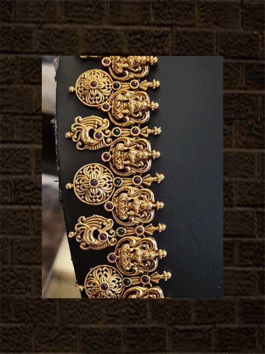 Long gold plated ruby and green stones set with laxmiji motif tukdies and circular tukdies - Odara Jewellery