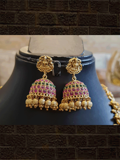 Long gold plated ruby and green stones set with laxmiji motif tukdies and circular tukdies - Odara Jewellery